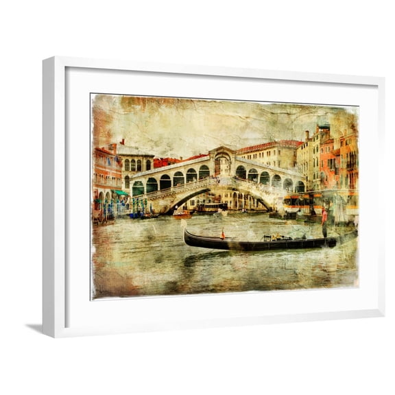Art.com Amazing Venice,Rialto Bridge - Artwork In Painting Style Art Print by Maugli-l, White Frame Wall Art, 29" x 21"