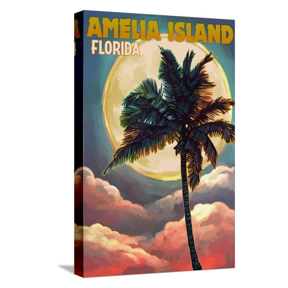 Art.com Amelia Island, Florida - Palm and Moon Stretched Canvas Print Wall Art by Lantern Press, 12" x 18"