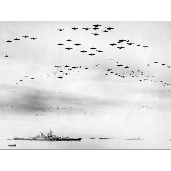 Art.com American Fighter Fly in Formation over the Uss Missouri During Surrender Ceremonies Stretched Canvas Print Wall Art, 16" x 12"