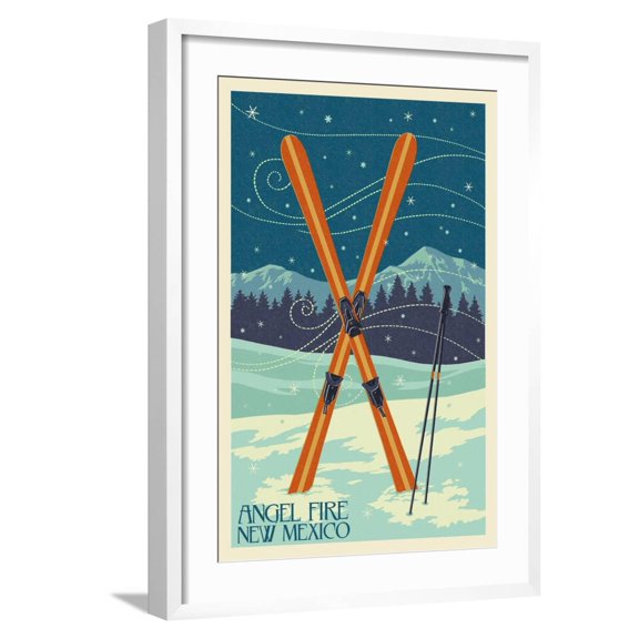 Art.com Angel Fire, New Mexico - Crossed Skis Art Print by Lantern Press, White Frame Wall Art, 21" x 29"