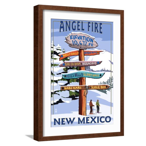 Art.com Angel Fire, New Mexico - Destinations Signpost Art Print by Lantern Press, Brown Frame Wall Art, 17" x 23"