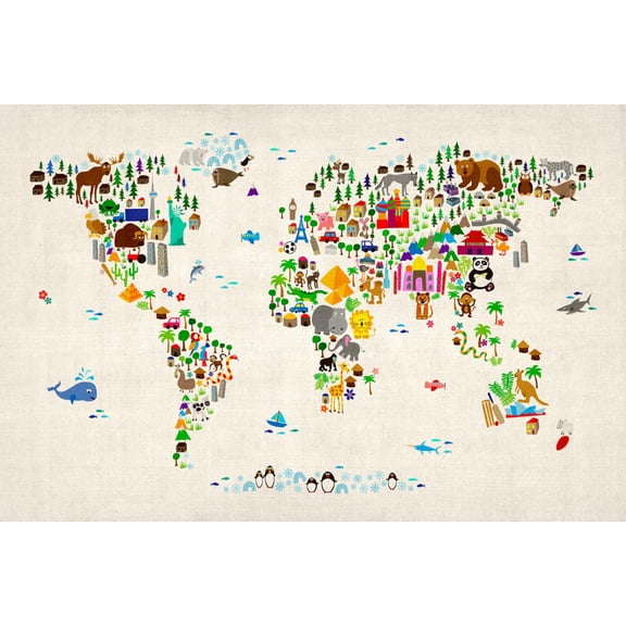 Art.com Animal Map of the World Art Print by Michael Tompsett, 24" x 16"