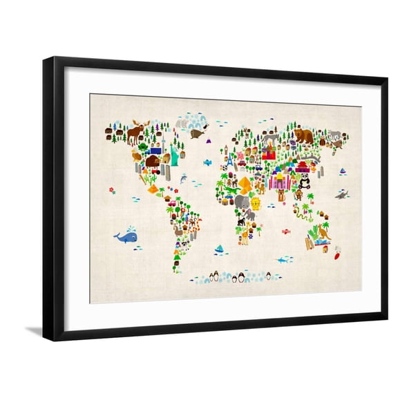 Art.com Animal Map of the World Art Print by Michael Tompsett, Black Frame Wall Art, 29" x 21"