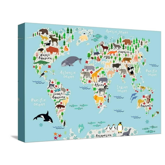 Art.com Animal Map of the World for Children and Kids Stretched Canvas Print Wall Art by Moloko88, 16" x 12"