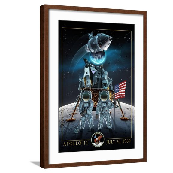 Art.com Apollo 11 - Lander and Astronauts Art Print by Lantern Press, Brown Frame Wall Art, 21" x 29"