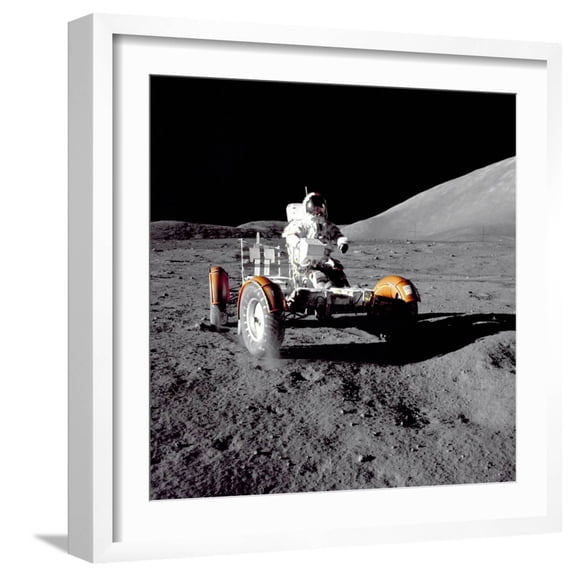 Art.com Apollo 17 Astronaut Eugene a Cernan Driving the Lunar Rover Photo, White Frame Wall Art, 21" x 21"