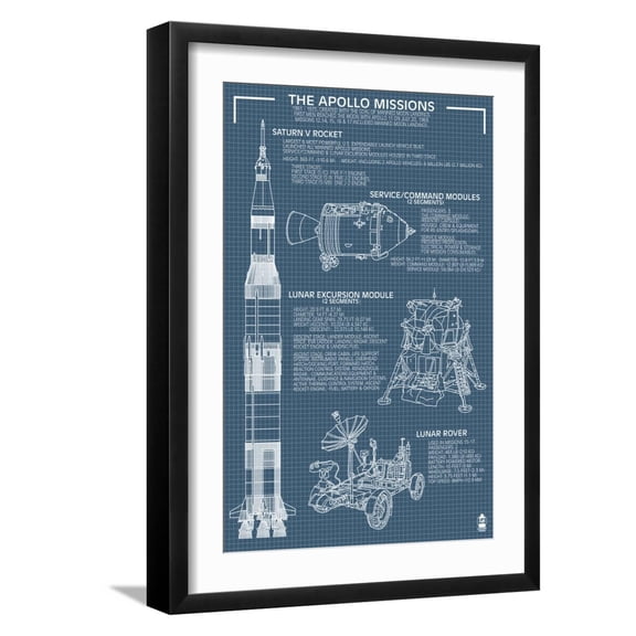 Art.com Apollo Missions - Blueprint Poster Art Print by Lantern Press, Black Frame Wall Art, 17" x 23"