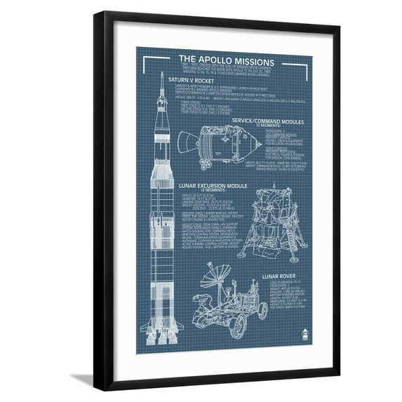 Art.com Apollo Missions - Blueprint Poster Art Print by Lantern Press, Black Frame Wall Art, 21" x 29"