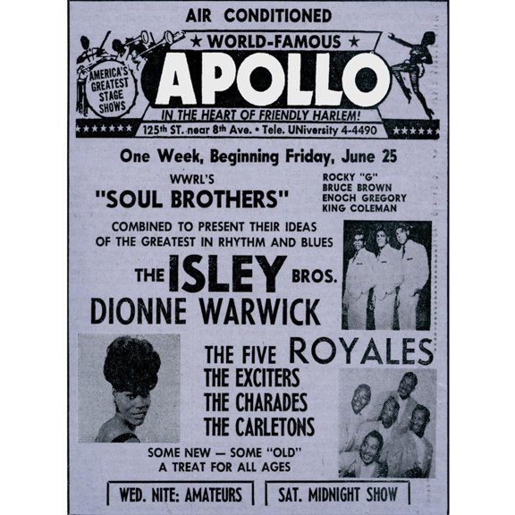 Art.com Apollo Theatre Ad: Soul Brothers, Isley Brothers, Dionne Warwick, Five Royales, Charades, Carletons Art Print, 12" x 16"