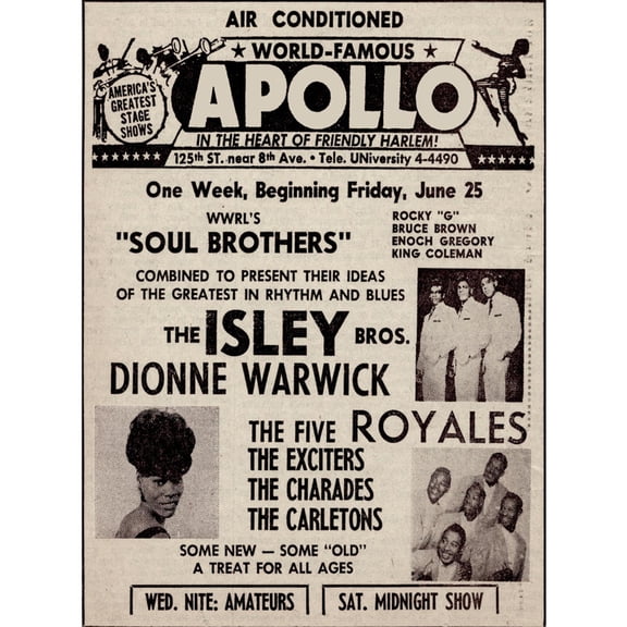 Art.com Apollo Theatre Ad: Soul Brothers, Isley Brothers, Dionne Warwick, Five Royales, Charades, Carletons Art Print, 12" x 16"