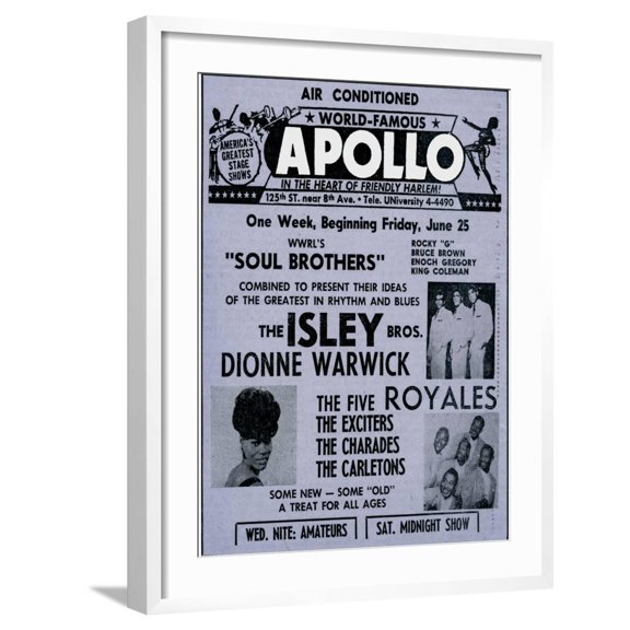 Art.com Apollo Theatre Ad: Soul Brothers, Isley Brothers, Dionne Warwick, Five Royales, Charades, Carletons Art Print, White Frame Wall Art, 23" x 29"
