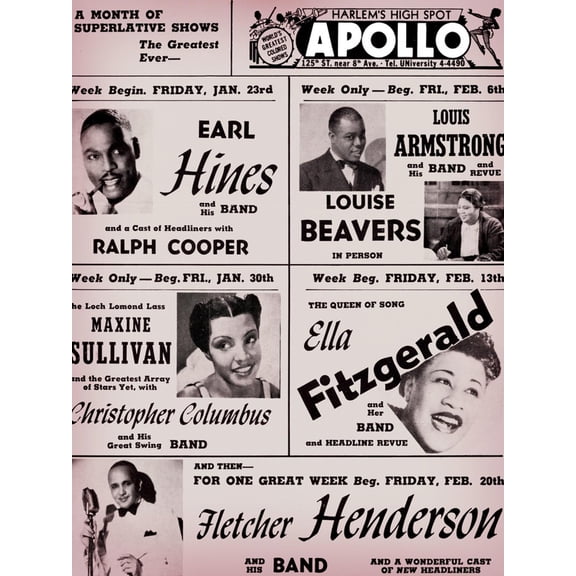 Art.com Apollo Theatre: Earl Hines, Louis Armstrong, Ella Fitzgerald, Fletcher Henderson and More Art Print, 12" x 16"