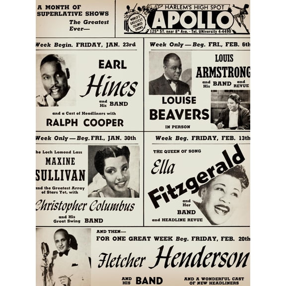 Art.com Apollo Theatre: Earl Hines, Louis Armstrong, Ella Fitzgerald, Fletcher Henderson and More Art Print, 12" x 16"