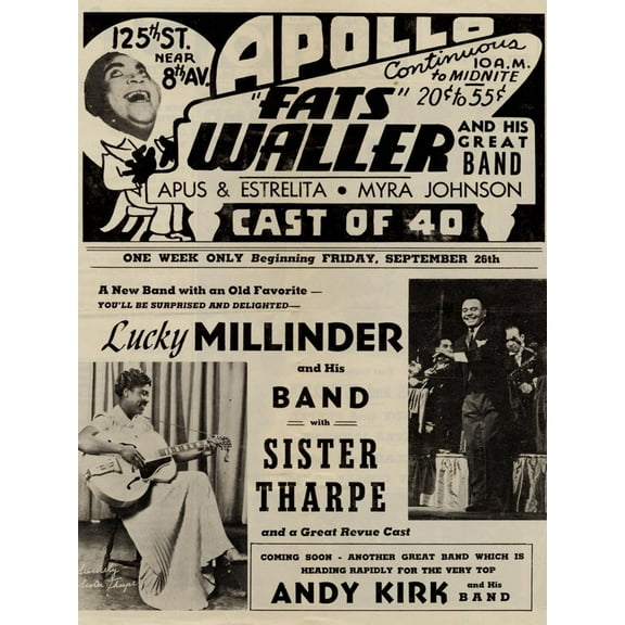Art.com Apollo Theatre Handbill: Fats Waller, Lucky Millinder, Sister Tharpe Art Print, 12" x 16"
