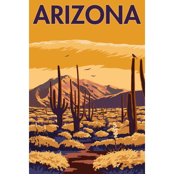 Art.com Arizona Desert Scene with Cactus Art Print by Lantern Press, 12" x 18"