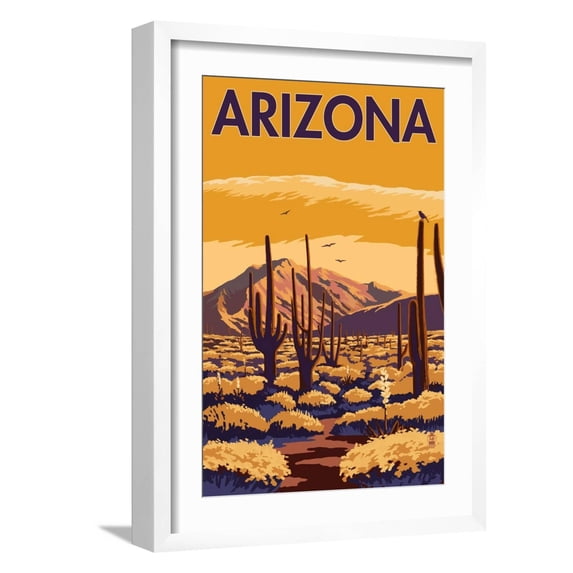 Art.com Arizona Desert Scene with Cactus Art Print by Lantern Press, White Frame Wall Art, 17" x 23"