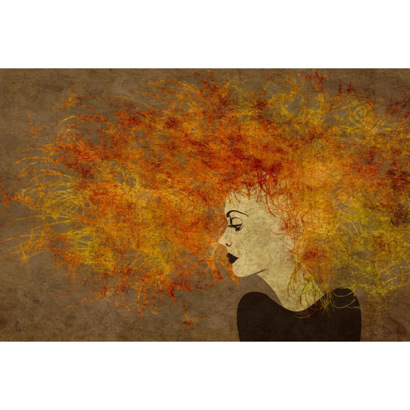 Art.com Art Colorful Painting Beautiful Girl Face With Red Curly Hair On Brown Background Art Print by Irina QQQ, 36" x 24"