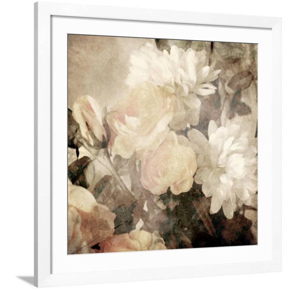 Art.com Art Floral Vintage Light Sepia Blurred Background with White Asters and Roses Art Print by Irina QQQ, White Frame Wall Art, 38" x 38"