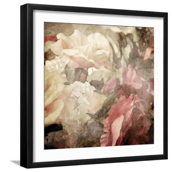 Art.com Art Floral Vintage Sepia Blurred Background with White and Pink Roses Art Print by Irina QQQ, Black Frame Wall Art, 21" x 21"