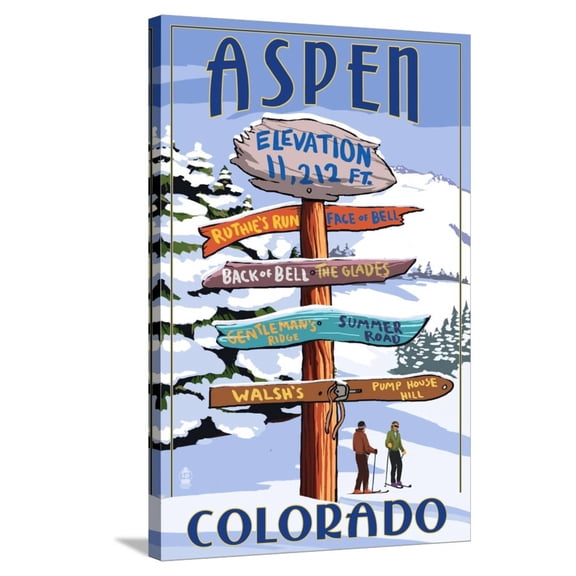 Art.com Aspen, Colorado - Ski Signpost Stretched Canvas Print Wall Art by Lantern Press, 24" x 36"