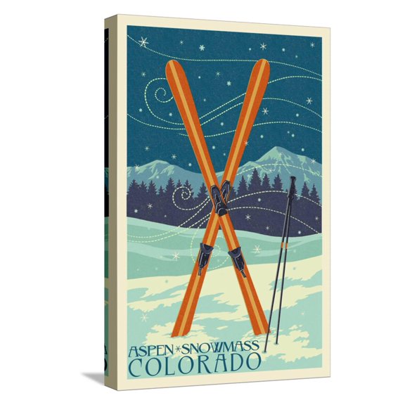Art.com Aspen - Snowmass, Colorado - Crossed Skis Stretched Canvas Print Wall Art by Lantern Press, 12" x 18"