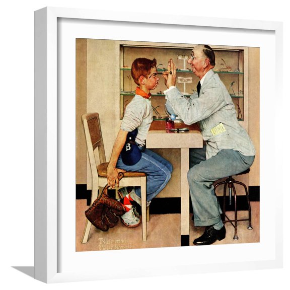 Art.com At the Optometrist or Eye Doctor, May 19,1956 Giclee Print by Norman Rockwell, White Frame Wall Art, 21" x 21"