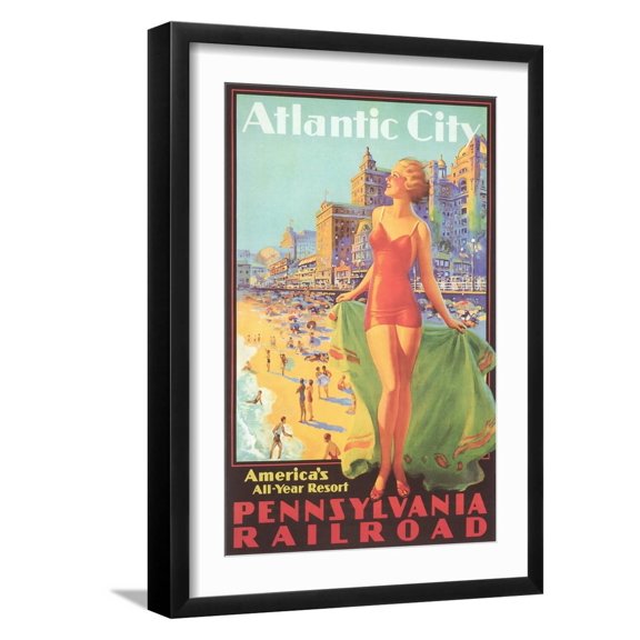 Art.com Atlantic City Travel Poster Art Print, Black Frame Wall Art, 17" x 23"