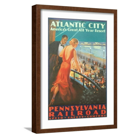 Art.com Atlantic City Travel Poster Art Print, Brown Frame Wall Art, 17" x 23"