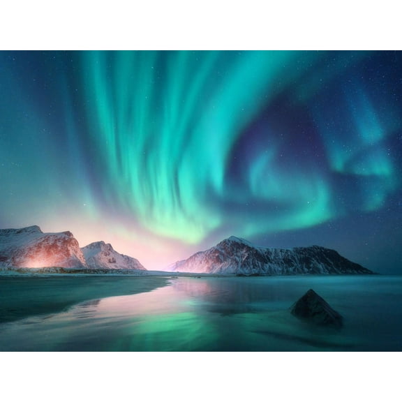 Art.com Aurora Borealis over the Sea, Snowy Mountains and City Lights at Night. Northern Lights in Lofoten Photographic Print by Denis Belitsky, 16" x 12"