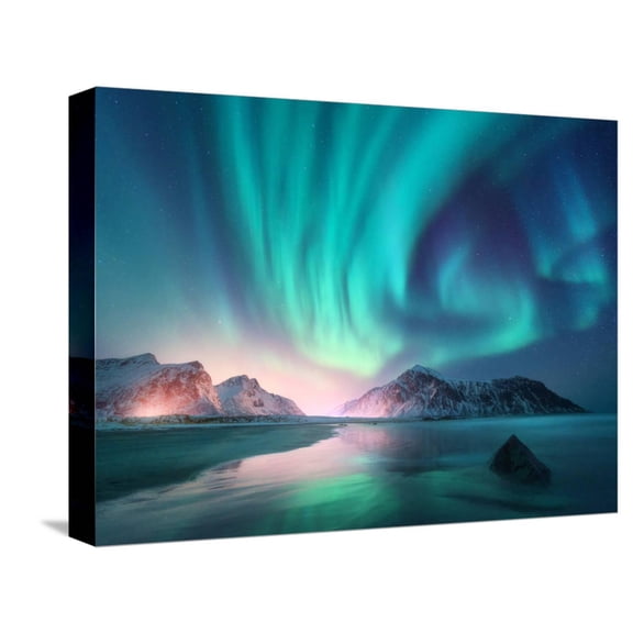 Art.com Aurora Borealis over the Sea, Snowy Mountains and City Lights at Night. Northern Lights in Lofoten Stretched Canvas Print Wall Art by Denis Belitsky, 16" x 12"