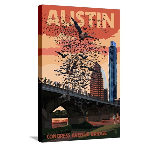 Art.com Austin, Texas - Bats and Congress Avenue Bridge Stretched Canvas Print Wall Art by Lantern Press, 16" x 24"