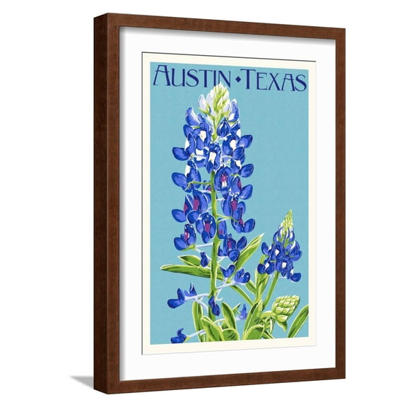 Art.com Austin, Texas - Bluebonnet - Letterpress Art Print by Lantern Press, Brown Frame Wall Art, 17" x 23"