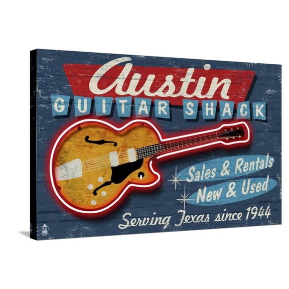 Art.com Austin, Texas - Guitar Shack Vintage Sign Stretched Canvas Print Wall Art by Lantern Press, 36" x 24"