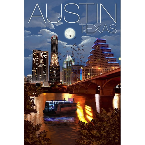 Art.com Austin, Texas - Skyline at Night Art Print by Lantern Press, 12" x 18"
