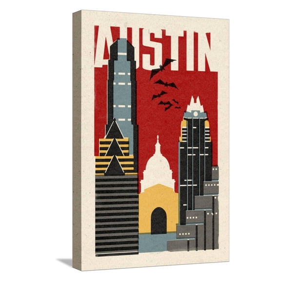 Art.com Austin, Texas - Woodblock Stretched Canvas Print Wall Art by Lantern Press, 12" x 18"