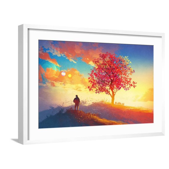 Art.com Autumn Landscape with Alone Tree on Mountain,Coming Home Concept,Illustration Painting Art Print by Tithi Luadthong, White Frame Wall Art, 29" x 21"