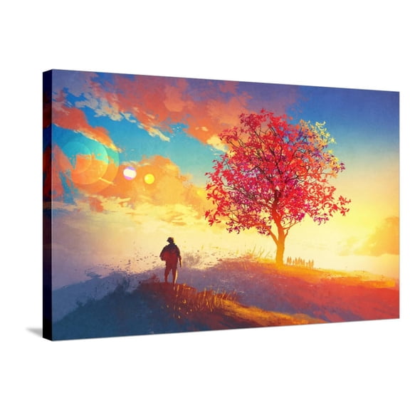 Art.com Autumn Landscape with Alone Tree on Mountain,Coming Home Concept,Illustration Painting Stretched Canvas Print Wall Art by Tithi Luadthong, 36" x 24"