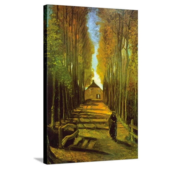 Art.com Autumn Tree Lined Lane Leading To a Farm House Stretched Canvas Print Wall Art by Vincent van Gogh, 24" x 36"