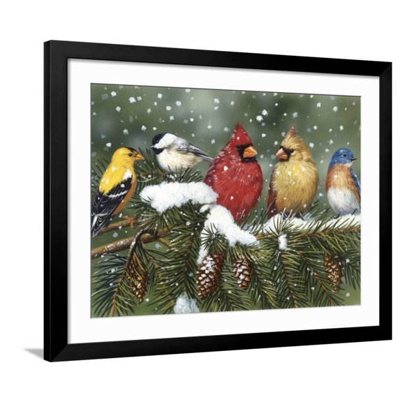 Art.com Backyard Birds on Snowy Branch Giclee Print by William Vanderdasson, Black Frame Wall Art, 40" x 32"
