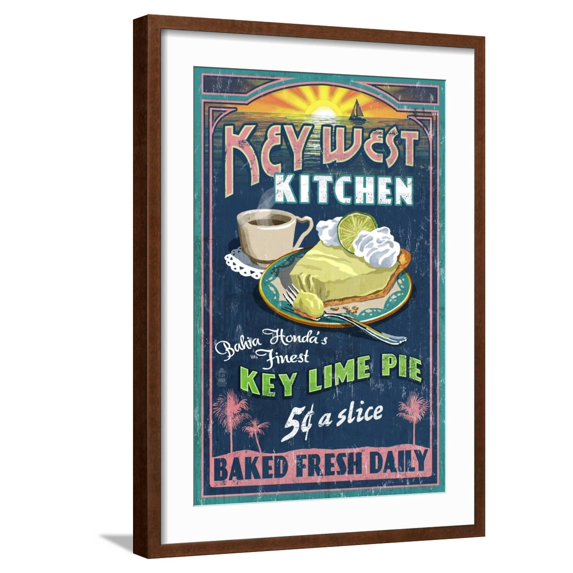 Art.com Bahia Honda, Florida Keys - Key Lime Pie Sign Art Print by Lantern Press, Brown Frame Wall Art, 21" x 29"