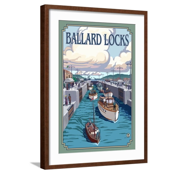 Art.com Ballard Locks and Boats, Seattle, Washington Art Print by Lantern Press, Brown Frame Wall Art, 21" x 29"