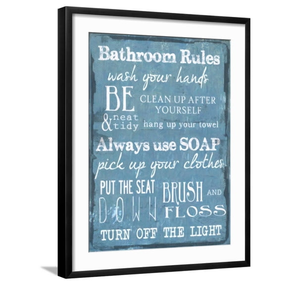 Art.com Bathroom Rules Blue Art Print by Taylor Greene, Black Frame Wall Art, 23" x 29"