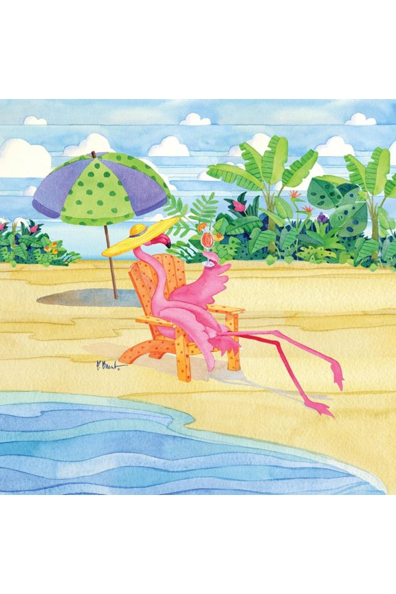Beach Chair Flamingo Art Print by Paul Brent, 16" x 16"