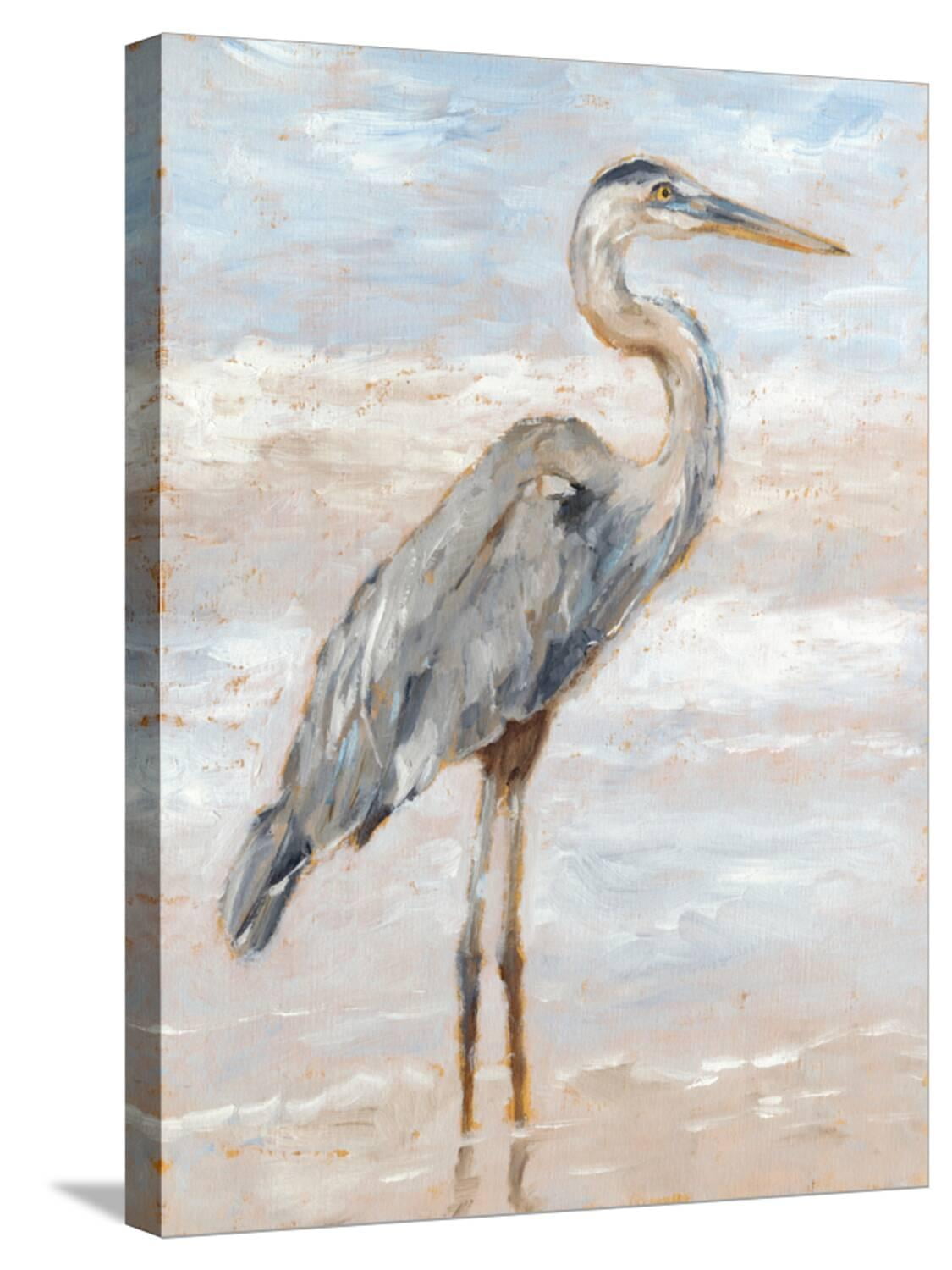 Beach Heron I Blue and Gray Canvas Print with Maple Frame