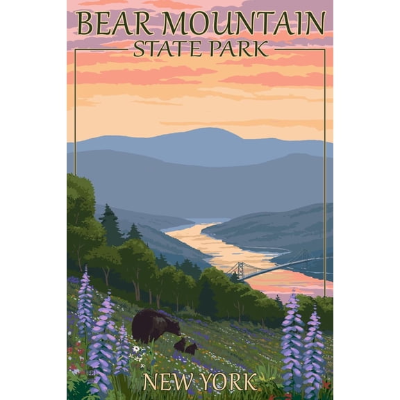 Art.com Bear Mountain State Park, New York - Bears and Spring Flowers Art Print by Lantern Press, 12" x 18"