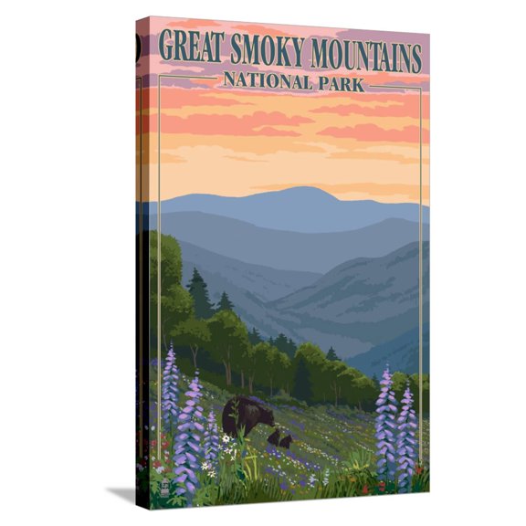 Art.com Bears and Spring Flowers - Great Smoky Mountains National Park, TN Stretched Canvas Print Wall Art by Lantern Press, 16" x 24"
