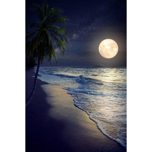 Art.com Beautiful Fantasy Tropical Beach with Milky Way Star in Night Skies, Full Moon - Retro Style Artwor Photographic Print by jakkapan, 24" x 36"
