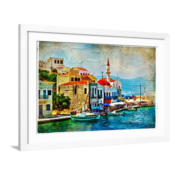Art.com Beautiful Kastelorizo Bay (Greece, Dodecanes) - Artwork In Painting Style Art Print by Maugli-l, White Frame Wall Art, 44" x 32"