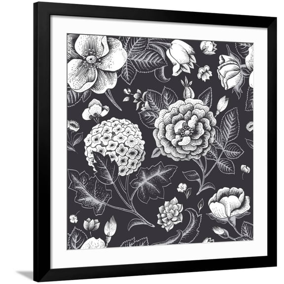 Art.com Beautiful Vintage Floral Seamless Pattern. Garden Roses, Hydrangea and Dog-Rose Flower on a Black B Art Print by Olga Korneeva, Black Frame Wall Art, 38" x 38"