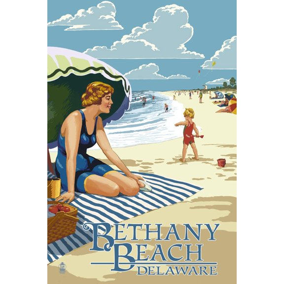 Art.com Bethany Beach, Delaware - Woman on Beach Art Print by Lantern Press, 12" x 18"
